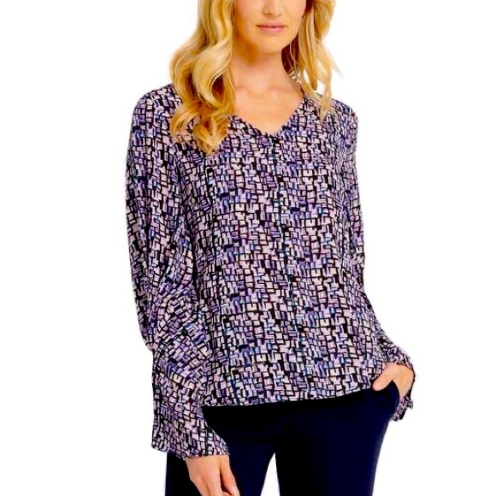 DKNY Purple Geometric Long Sleeve V Neck